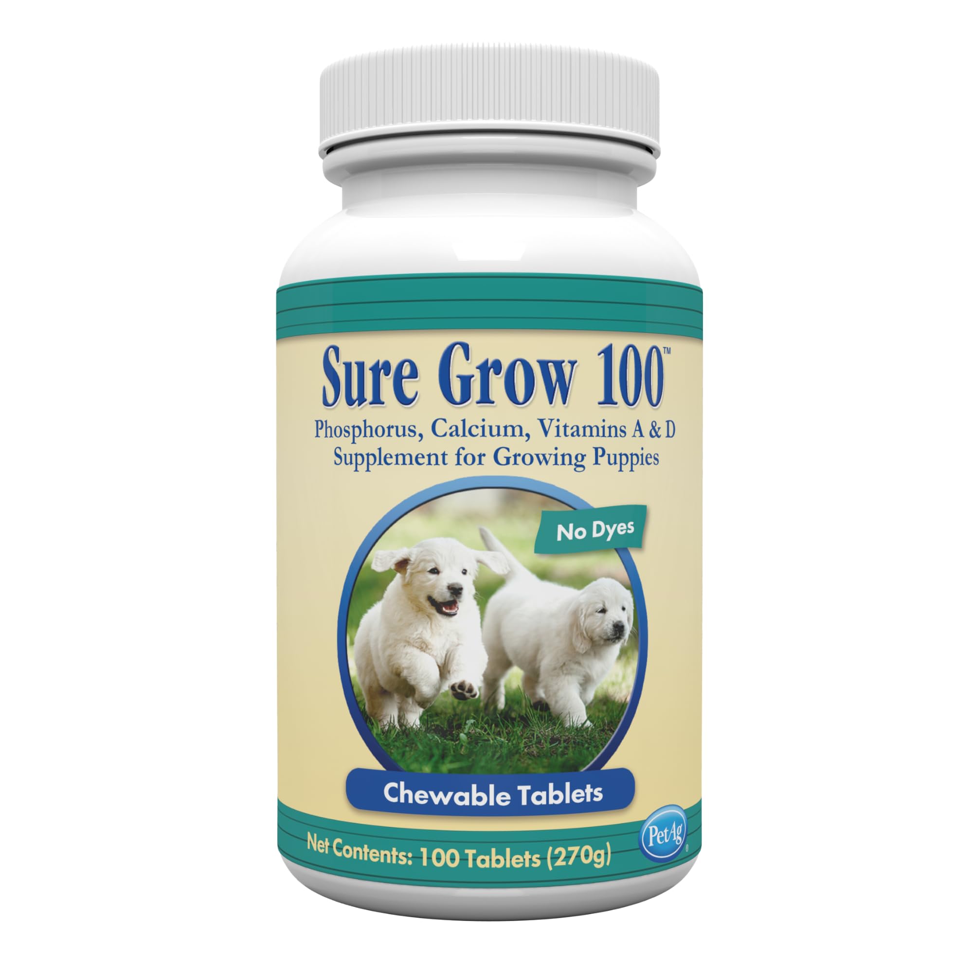 PetAg Sure Grow 100 - Promotes Optimal Bone Development in Puppies Eight Weeks and Older - with Calcium, Phosphorus, and Vitamins A & D - 100 Chewable Tablets