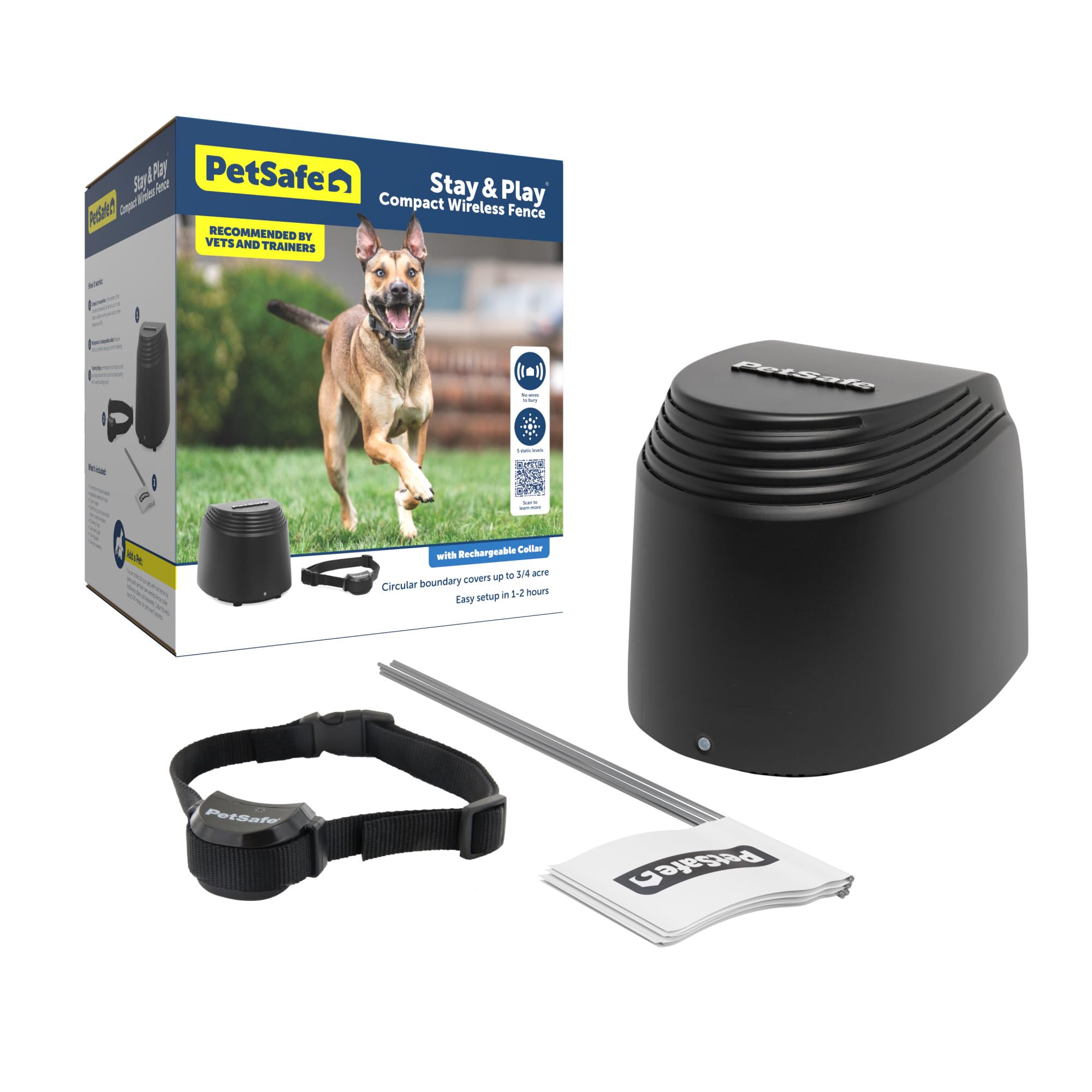 PetSafe Stay & Play Compact Wireless Fence - Portable & No-Dig - Covers Up to 3/4 Acre - for Dogs 5lb+, Wireless Fence Kit