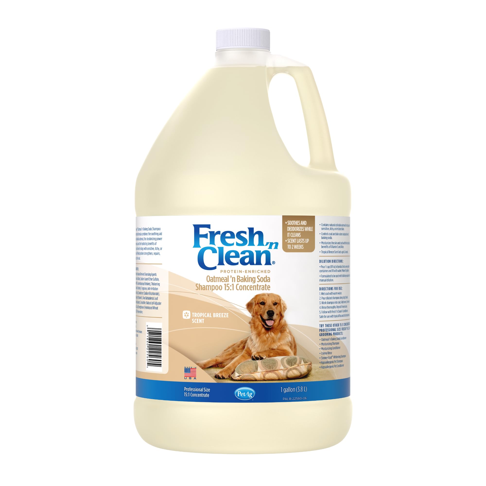 PetAg Fresh ’n Clean Oatmeal ’n Baking Soda Shampoo - Tropical Fresh Scent (15:1 Concentrate) - 1 Gallon - Nurtures Dry, Itchy Skin with Vitamin E & Aloe - Strengthens & Repairs - Soap Free