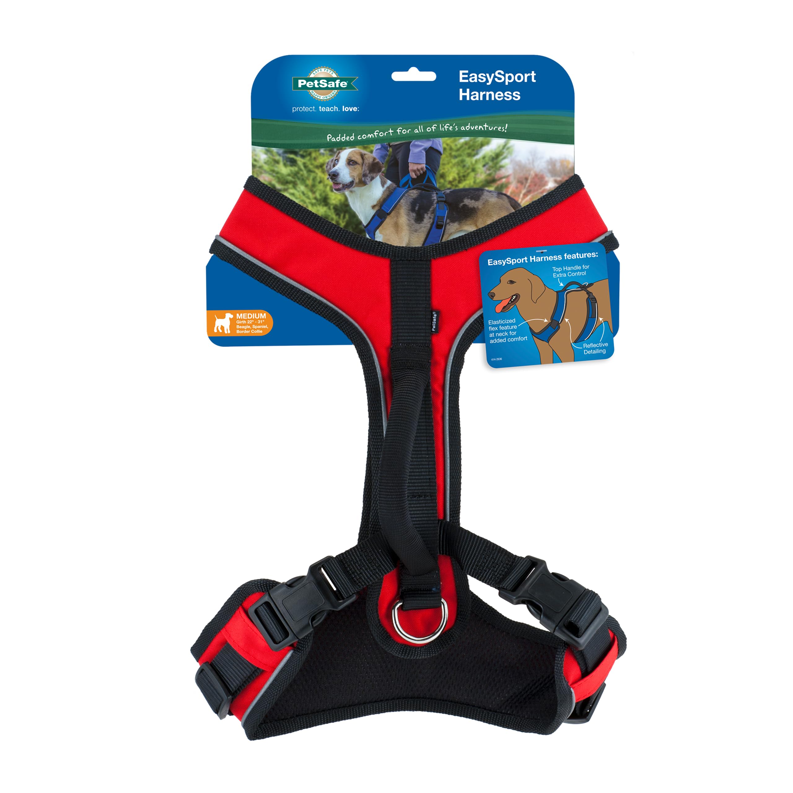 PetSafe EasySport Harness - Durable Padded Fabric, Adjustable Elastic Neckline, Rear-Leash Attachment & Nighttime Reflective Visibility - No Choke or Gag Secure Fit - Medium - Red, Medium, Red
