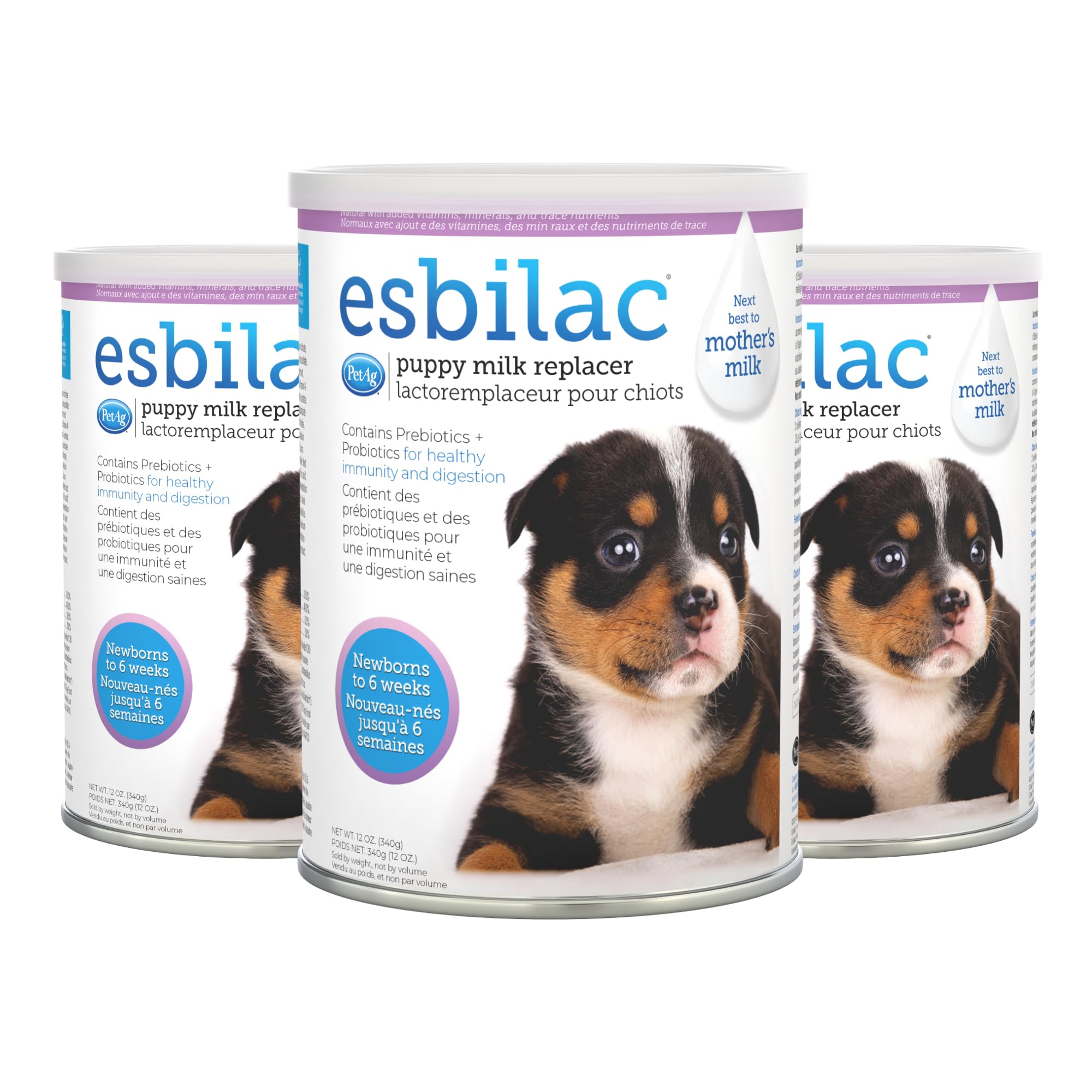 PetAg Esbilac Puppy Milk Replacer Powder - 12 oz, Pack of 3 - Powdered Puppy Formula with Prebiotics, Probiotics & Vitamins for Puppies Newborn to Six Weeks Old - Easy to Digest