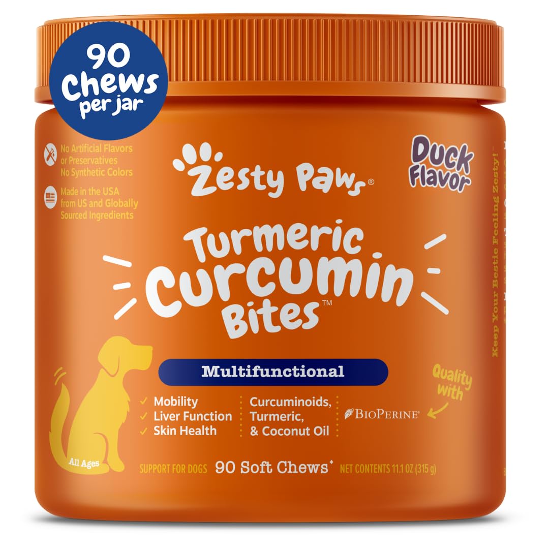 Zesty Paws Turmeric Curcumin for Dogs - for Hip & Joint Mobility Supports Canine Digestive Cardiovascular & Liver Health - Coconut Oil for Skin Health with 95% Curcuminoids + BioPerine Duck, 90 Count