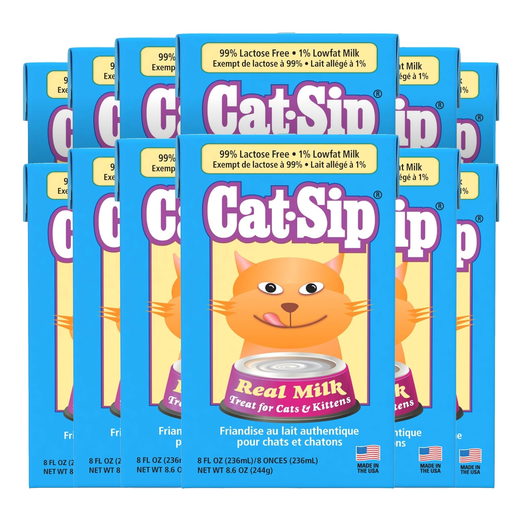 Pet-Ag Cat-Sip Real Milk Treat - 8 oz, 12 Pack - Ready-to-Feed Snack for Cats & Kittens - Easy to Digest with 99% Lactose-Free, Low-Fat Grade A Milk - Encourages Hydration - Promotes Eye, Heart Health