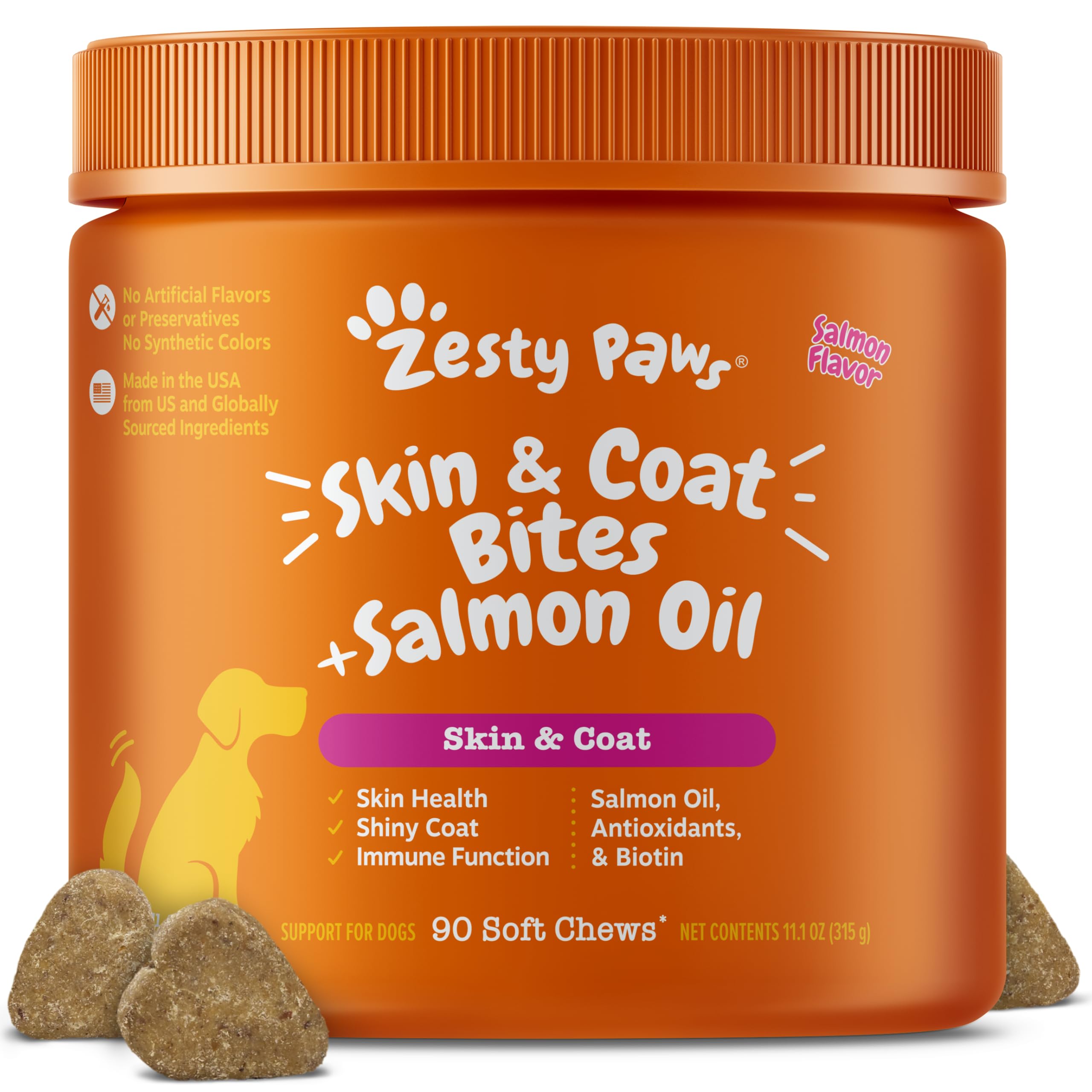 Zesty Paws Salmon Oil for Dogs Skin and Coat, Omega 3 Fish Oil Chews, Dog Allergy Relief Chews, Itch Relief Supplement, 90 Count, Salmon Flavor