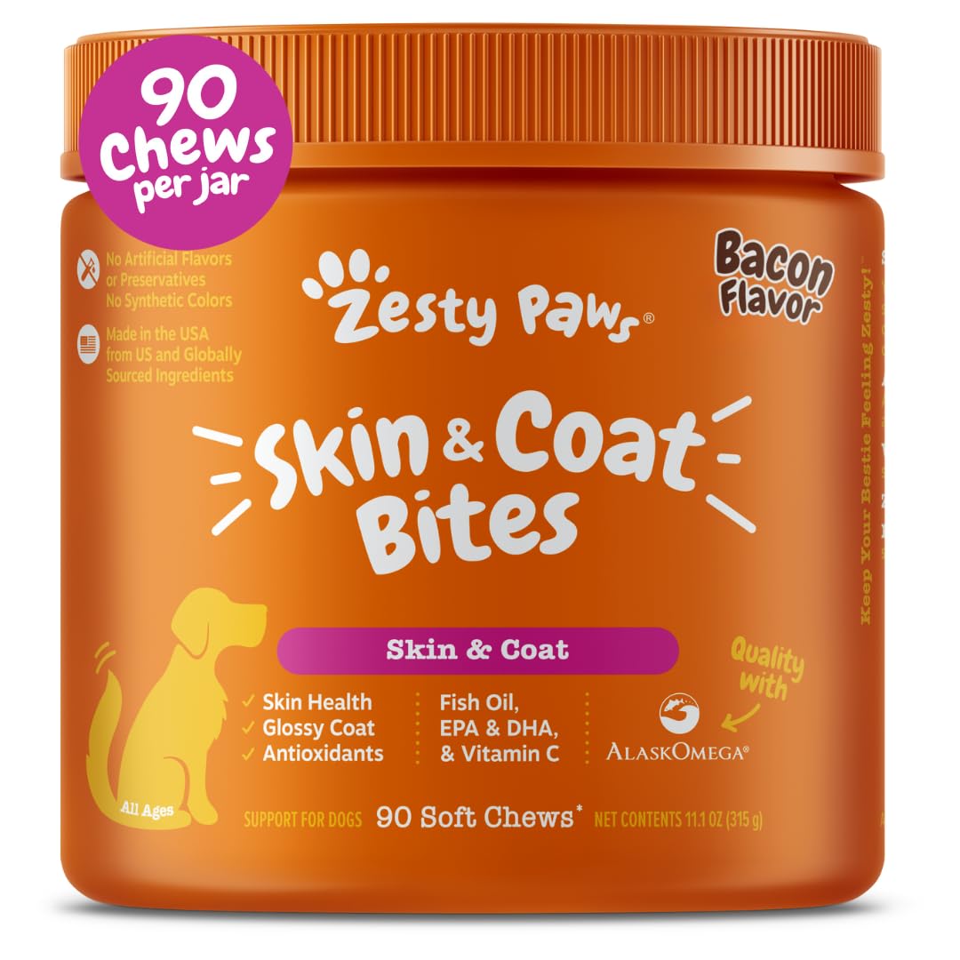 Zesty Paws Omega 3 Fish Oil for Dogs - Zesty Paw Dog Vitamins and Supplements for Hip, Joint & Skin, Bacon (90 Chews)