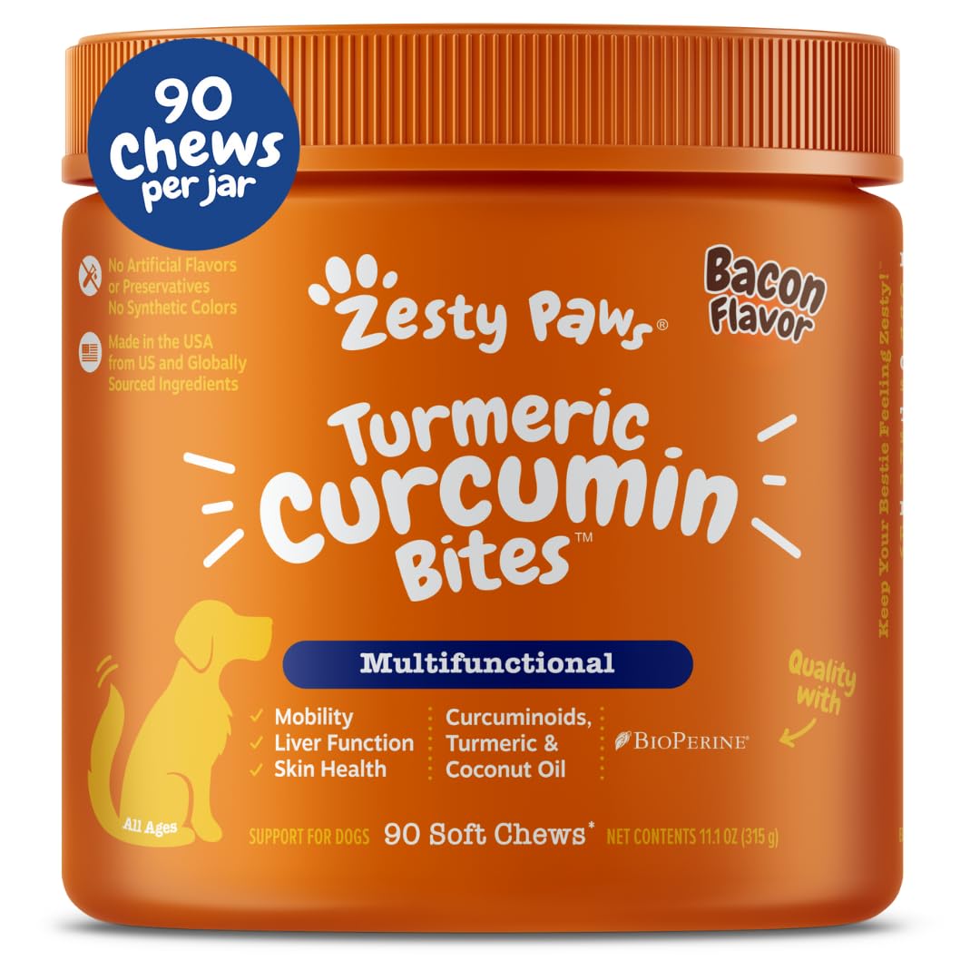 Zesty Paws Turmeric Curcumin for Dogs - for Hip & Joint Mobility Supports Canine Digestive Cardiovascular & Liver Health - Coconut Oil for Skin Health with 95% Curcuminoids + BioPerine Bacon, 90 Count