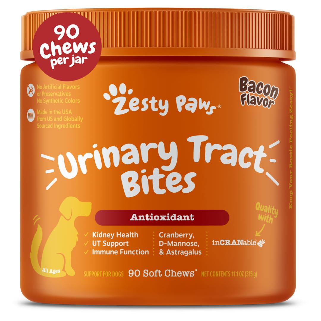Zesty Paws Cranberry Supplement for Dogs - Bladder Control for Dogs - Urinary Tract Support - Cranberry Chews with D-Mannose, Vitamin B6 & L-Arginine - Immune & Gut Support - Bacon - 90 Count