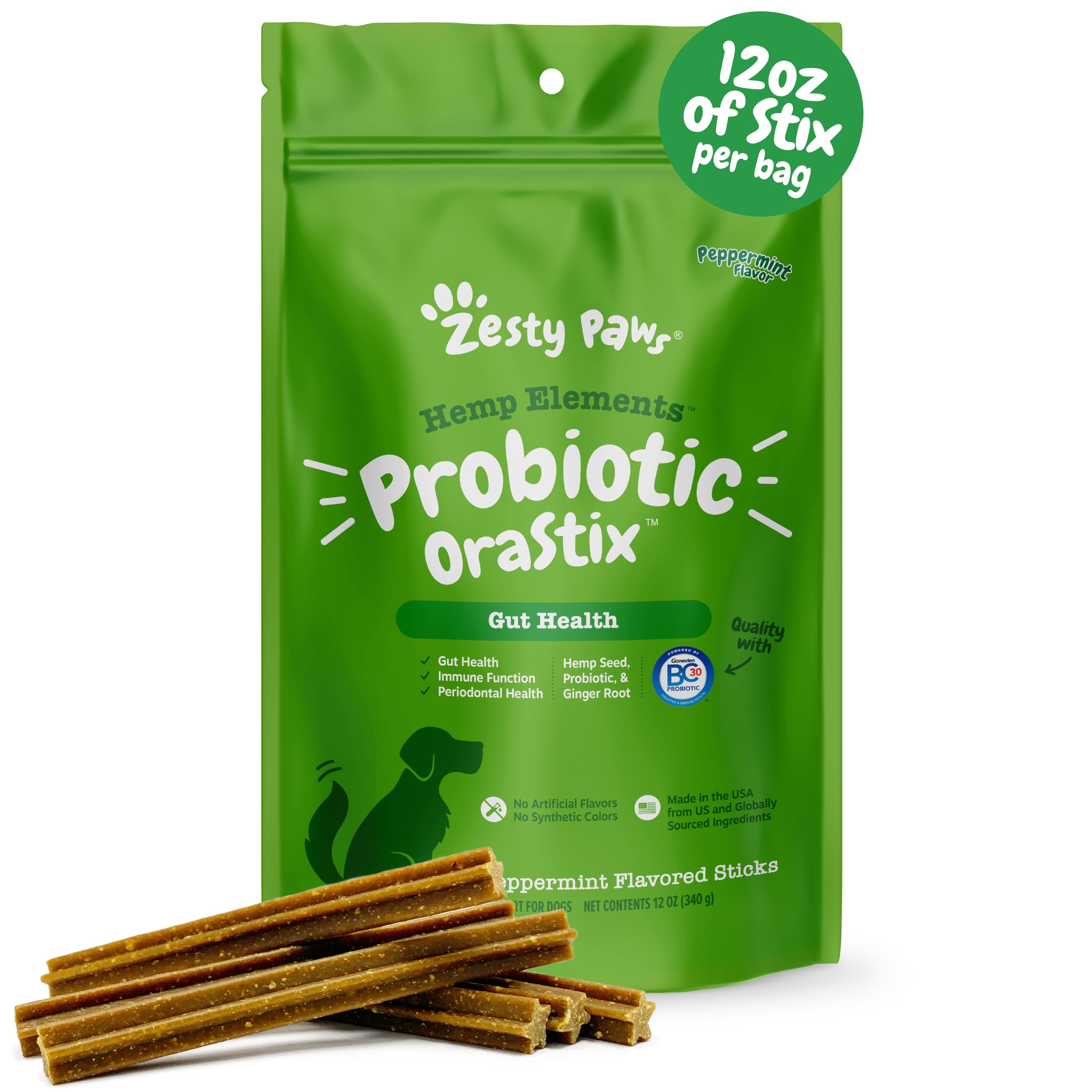 Zesty Paws OraStix for Dogs - Probiotic Sticks with Hemp Seed Curcumin Ginger Root Taurine - Supports Gut Function Flora Immune System Proprietary Healthy Teeth Gum Blend - 12oz