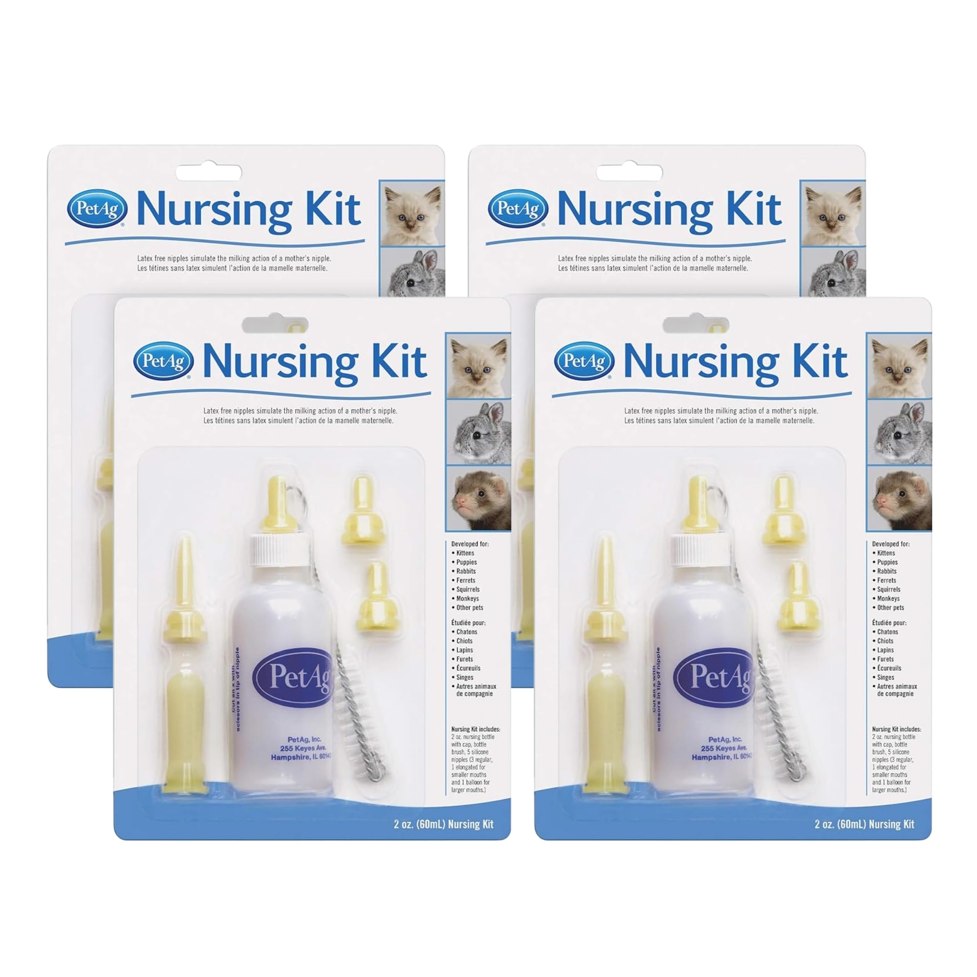 Pet-Ag Nursing Kit - 2 oz, Pack of 4 - Promotes The Natural Feeding of Liquids to Baby Animals - Each Kit Includes 2 oz. Bottle with Cap, 5 Nipples & Cleaning Brush
