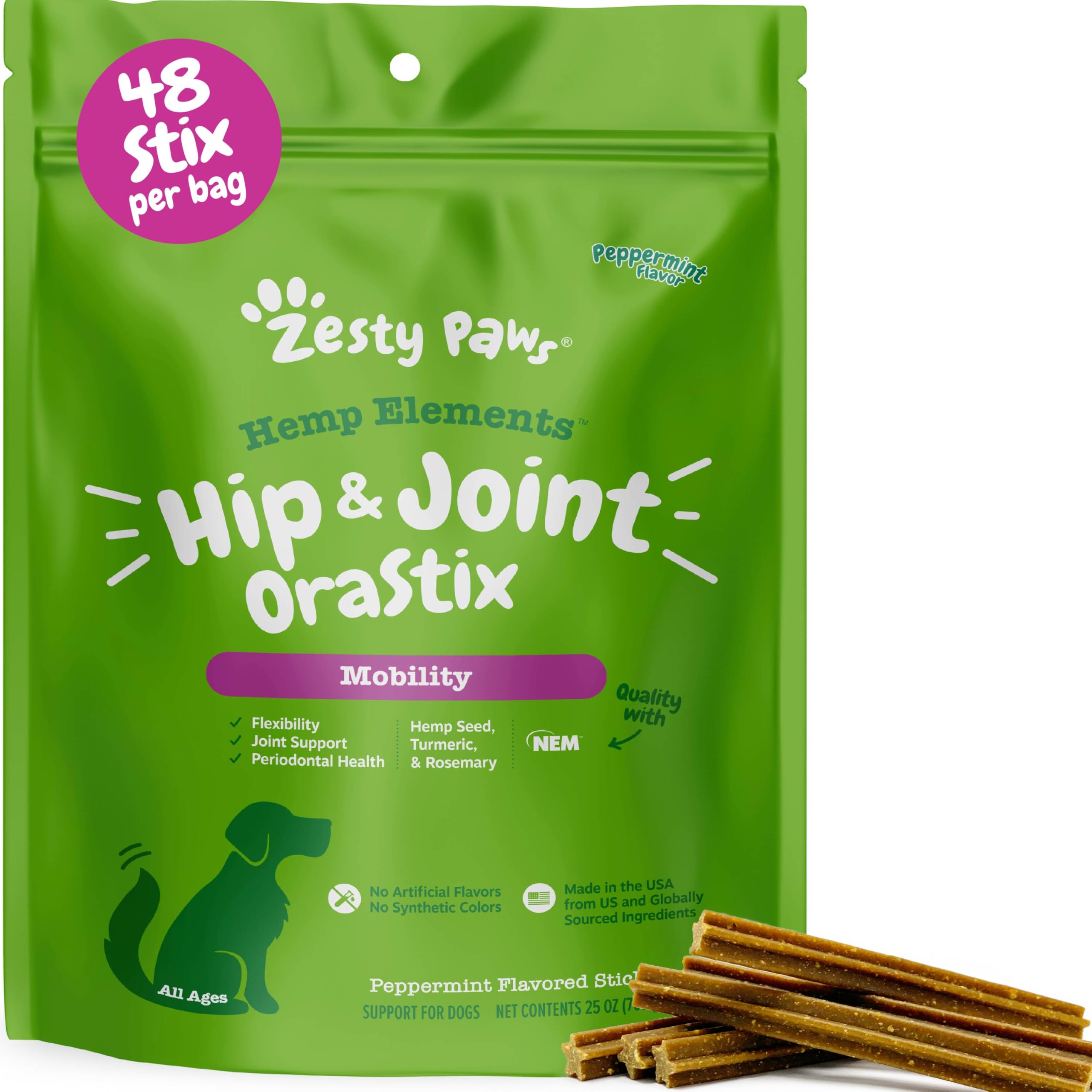 Zesty Paws OraStix for Dogs - Hip & Joint Mobility Sticks with Hemp Seed Curcumin Eggshell Membrane Taurine Support for HIPS Joints Cartilage Health Proprietary Healthy Teeth Gum Blend 25oz