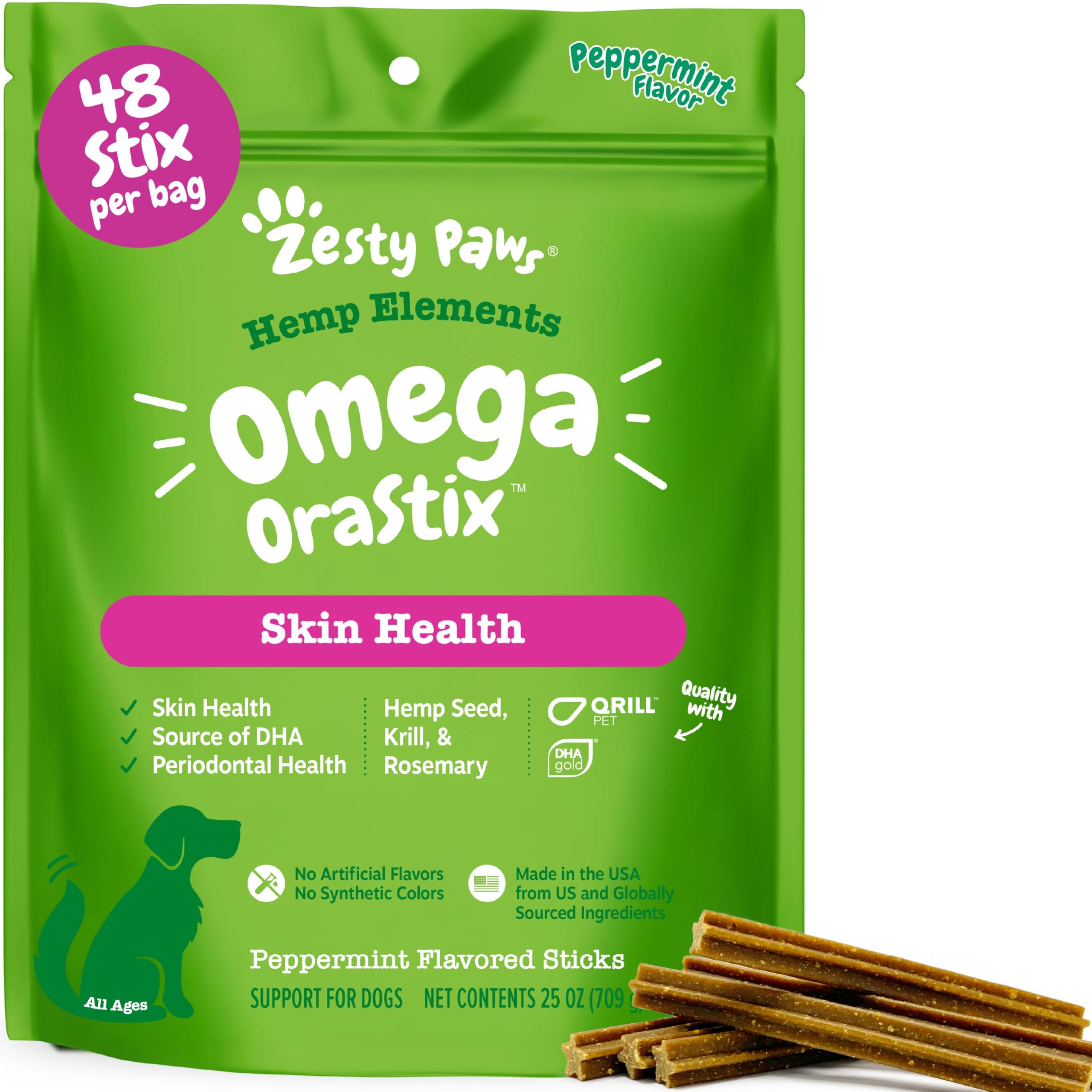 Zesty Paws OraStix for Dogs – Omega Sticks with Hemp Salmon Krill Oil Bone Broth Anti Itch Skin Coat Care Hip & Joint Health Heart Immune System Support Dog Tartar Teeth Cleaning 25oz
