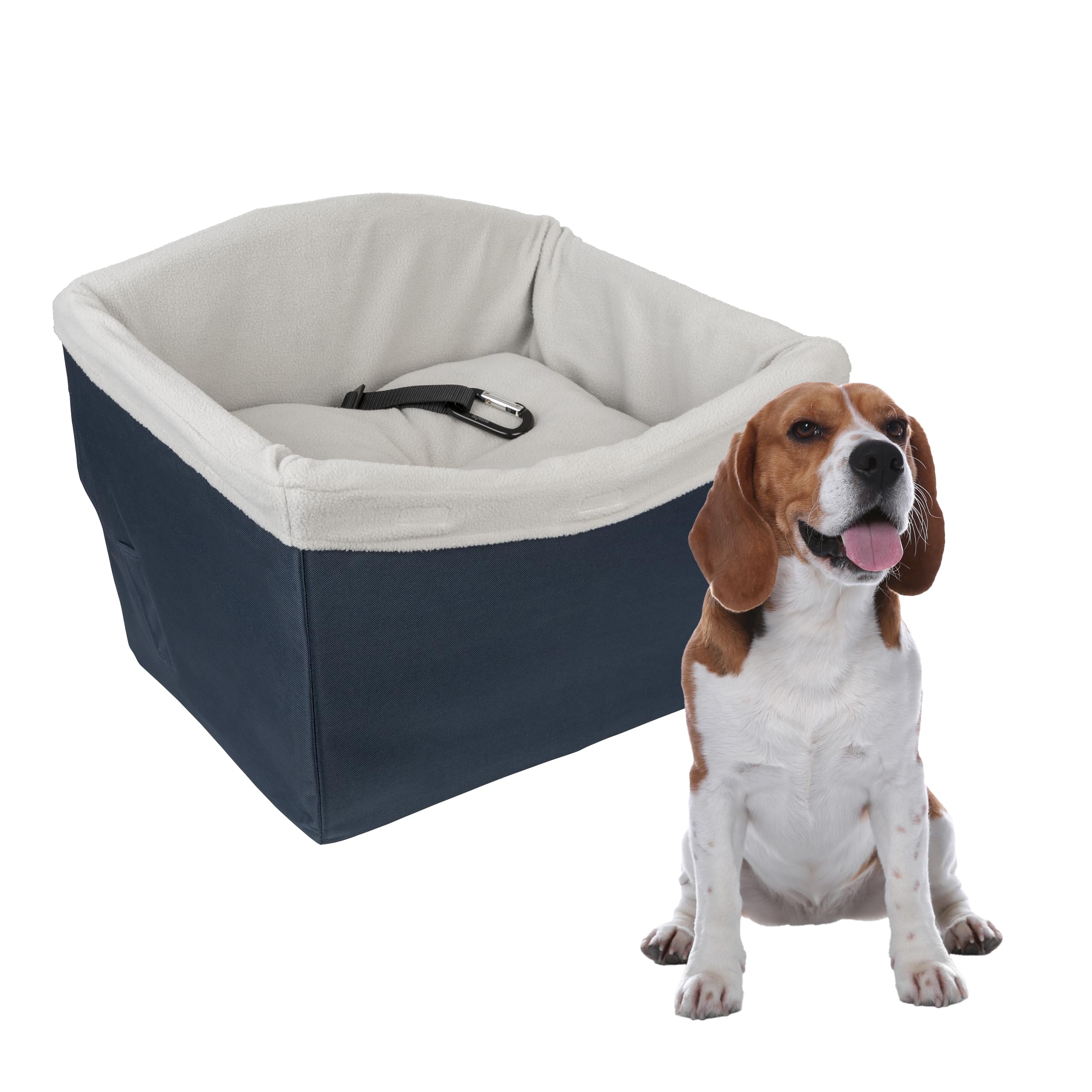 PetSafe Happy Ride Dog Safety Seat - Protects Car Seats from Hair & Scratches - Elevated Design for Better View - Machine Washable Fleece Liner - for Dogs Up to 30 lb - Navy
