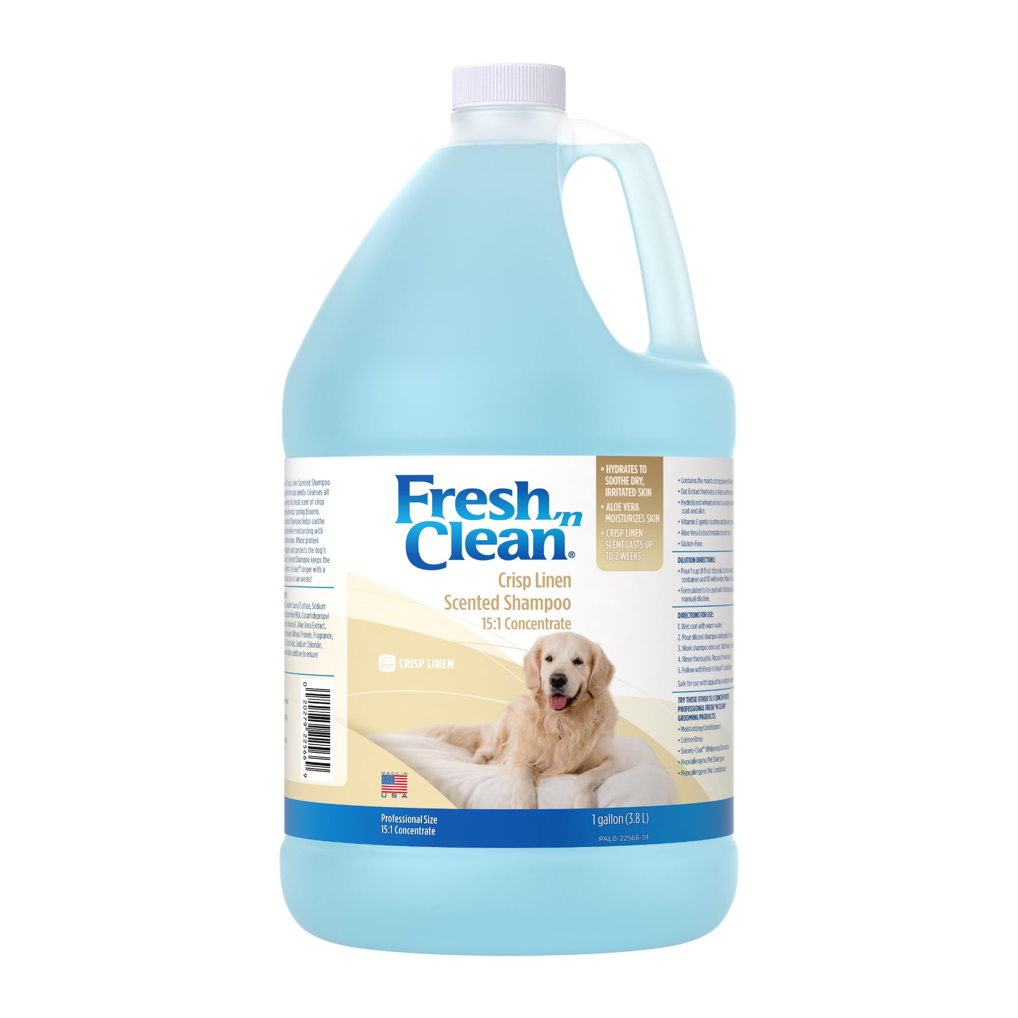 PetAg Fresh ’n Clean Crisp Linen Scented Shampoo (15:1 Concentrate) - 1 Gallon - Soothes Dry, Irritated Skin with Vitamin E & Aloe Vera - Strengthens & Repairs Coats - Gluten Free