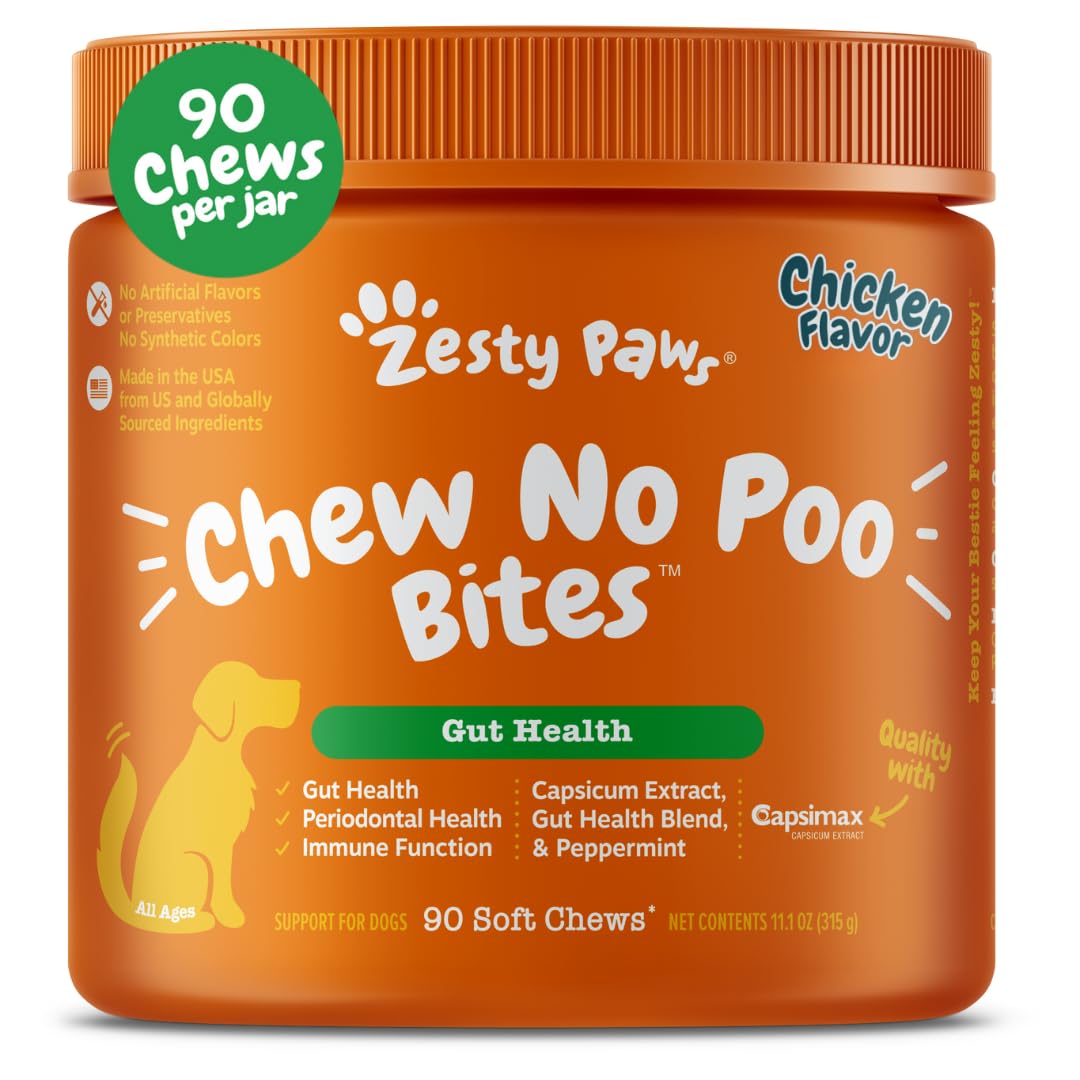 Zesty Paws Chew No Poo Bites for Dogs - Coprophagia Relief - Stool Eating Deterrent Soft Chews for Dogs - Gut, Periodontal & Immune System Support with Probiotics - Chicken - 90 Ct