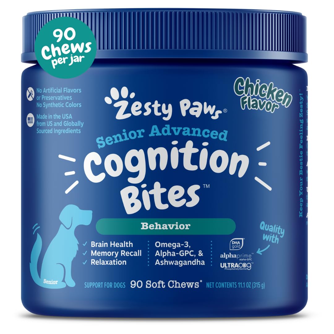Zesty Paws Advanced Cognition Soft Chews for Dogs - with Omega 3 DHA, Ashwagandha & Alpha GPC - for Senior Dog Brain Health & Nervous System Support - Supplement for Calming & Relaxation - 90 Count