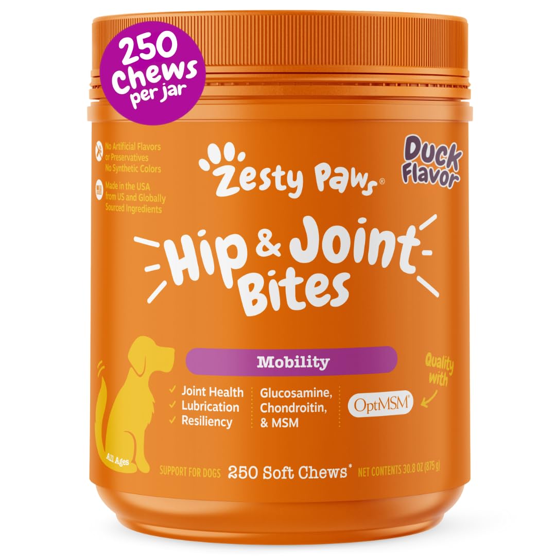 Zesty Paws Hip and Joint for Dogs, Glucosamine for Dogs Hip and Joint Supplement with Chondroitin, MSM, Vitamins C & E - Duck, 250 Count
