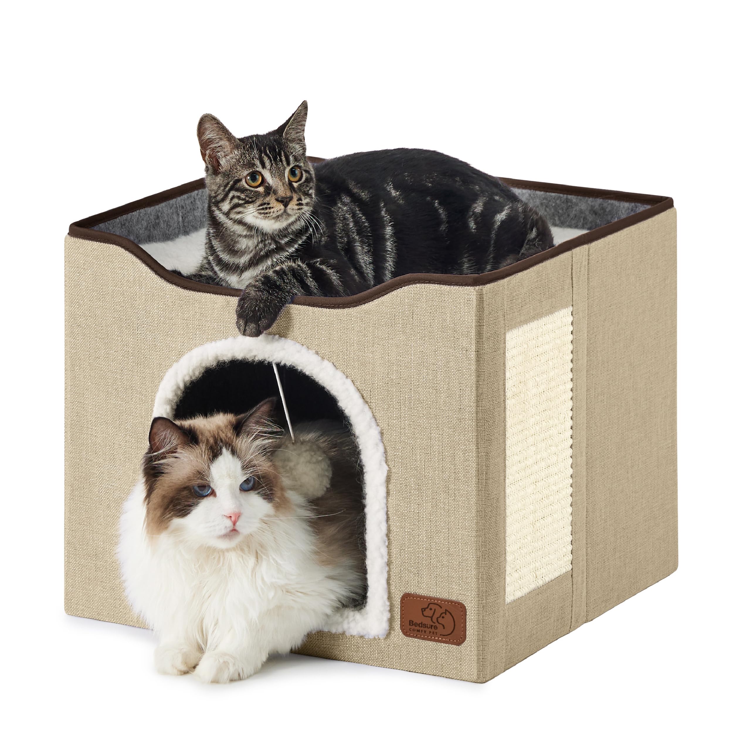 Bedsure Cat Beds for Indoor Cats - Large Cat Cave for Pet Cat House with Fluffy Ball Hanging and Scratch Pad, Foldable Cat Hideaway, 16.5x16.5x13 inches, Brown