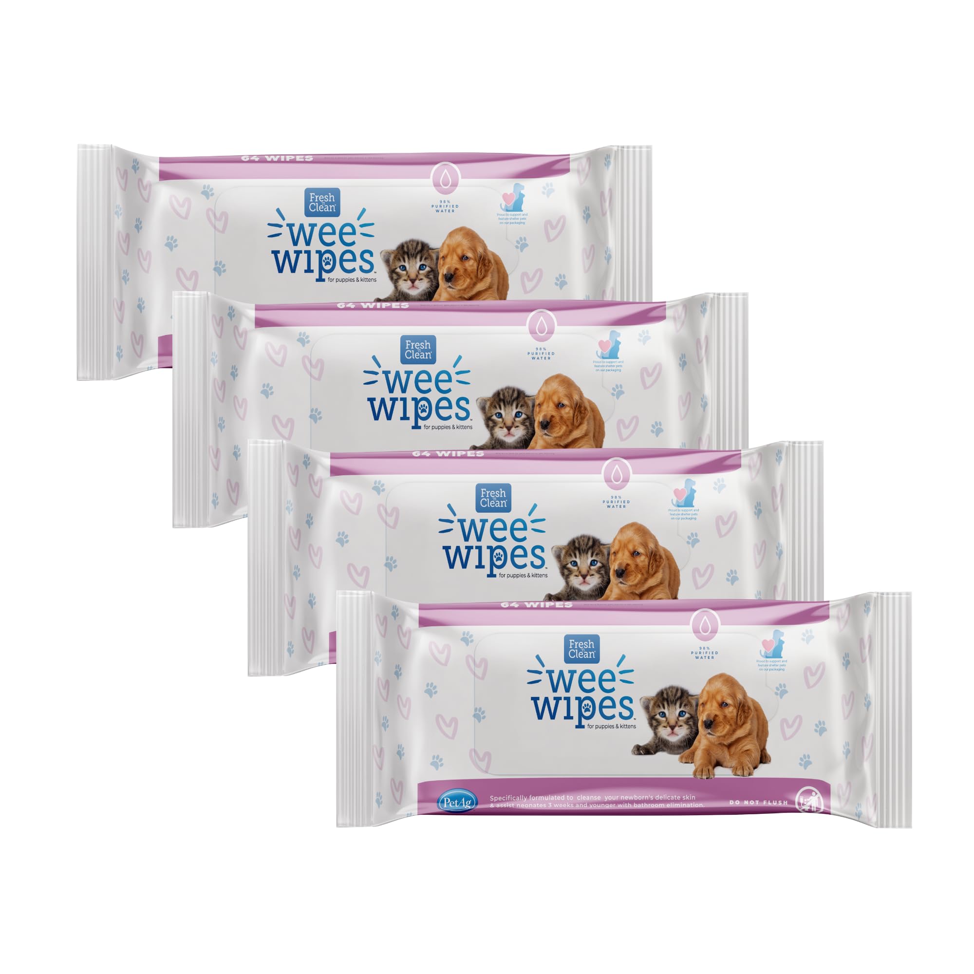 PetAg Fresh ’n Clean Wee Wipes, Unscented - 64 Wipes, Pack of 4 - Gently Cleanses & Eliminates Odors - Safe for Newborn Puppies & Kittens - Fragrance Free & Alcohol Free