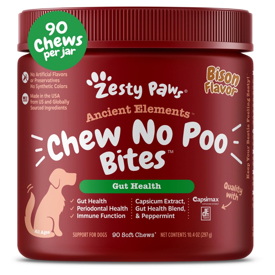 Zesty Paws Chew No Poo Bites for Dogs - Stool Eating Deterrent Soft Chews for Dogs - Gut, Periodontal & Immune System Support - Premium DE111 Bacillus subtilis Probiotic - AE Bison - 90 Count