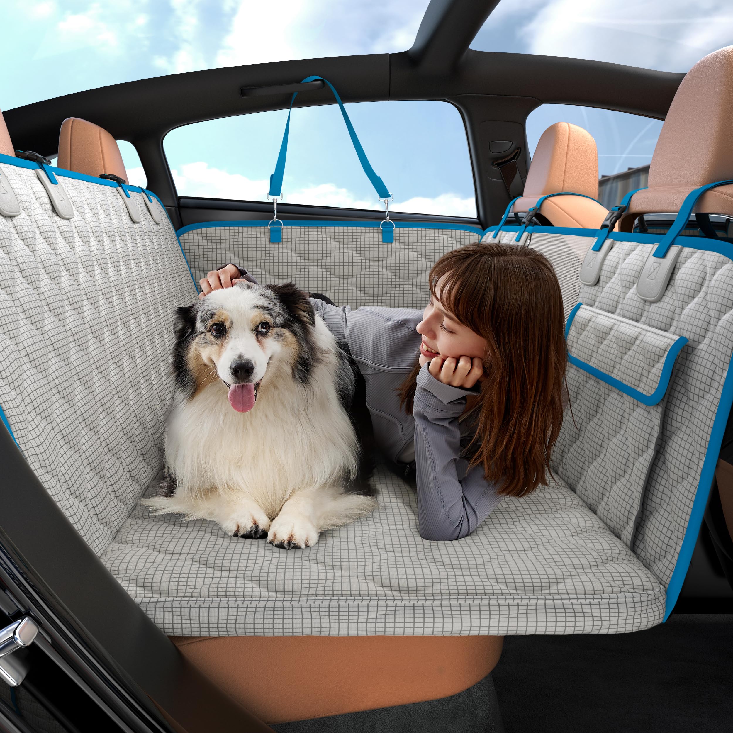 LE SURE Dog Car Seat Cover for Back Seat with Hard Bottom, Pet Back Seat Extender with Supportive Egg Crate Foam, Waterproof Non-Slip Dog Hammock for Car, Truck, SUV, Nacreous Clouds
