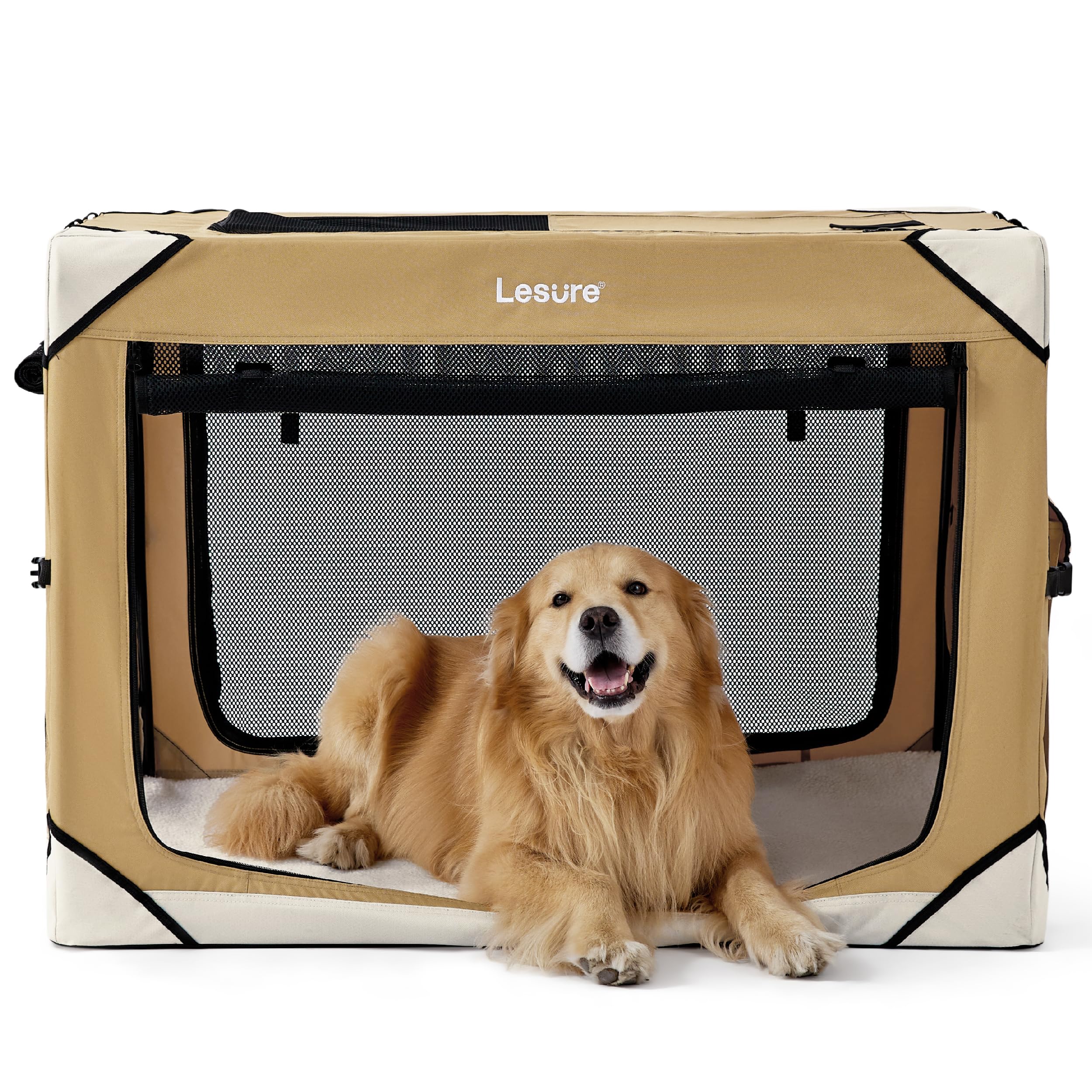 Lesure Collapsible Dog Crate - Portable Travel Kennel for Extra Large Dog, 4-Door Pet Crate with Mesh Windows, Indoor & Outdoor, Yellow