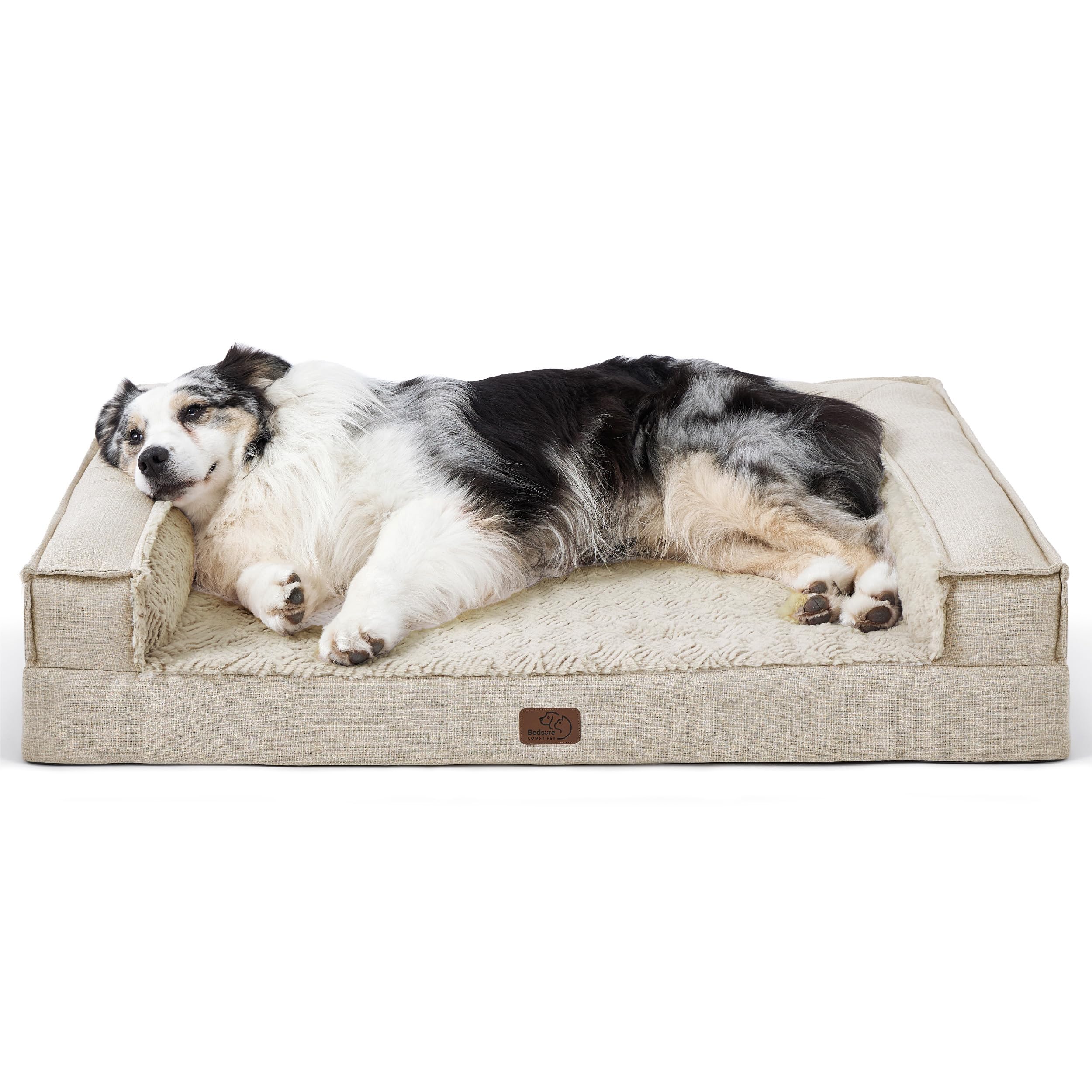 Bedsure Orthopedic Dog Bed for Extra Large Dogs - Egg Foam Dog Sofa Bed, Bolster Couch Pet Bed with Removable Waterproof Washable Cover, Comfy Plush Velvet Fluff Surface, Nonskid Bottom, Beige