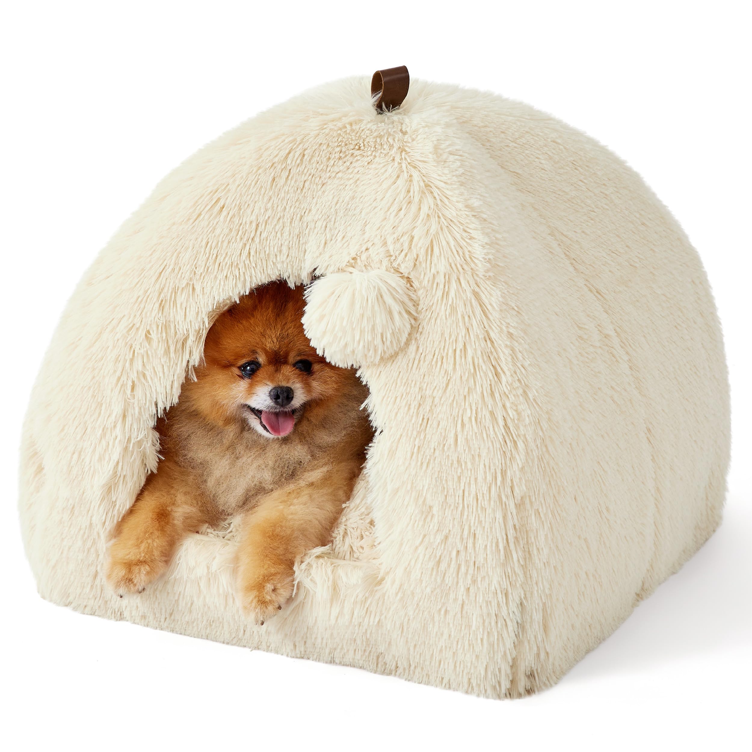 Bedsure Cat Beds for Indoor - 2 in 1 Cat Cave House Tent for Kittens and Small Pets with Removable Washable Cushioned Pillow, Foldable Kitten Hideaway with Non-Slip Bottom, Plush Beige, 17.3 inches