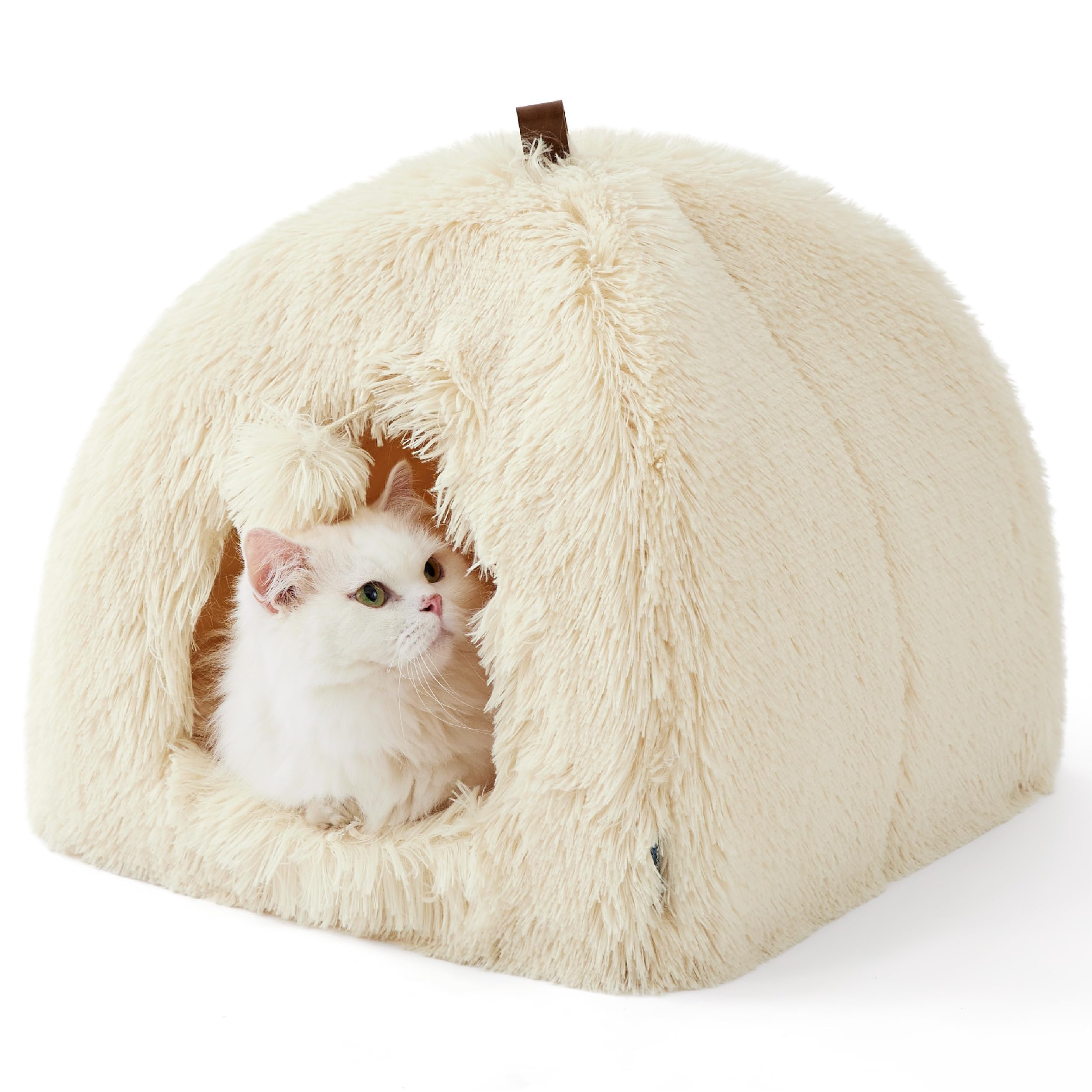 Bedsure Cat Beds for Indoor - 2 in 1 Cat Cave House Tent for Kittens and Small Pets with Removable Washable Cushioned Pillow, Foldable Kitten Hideaway with Non-Slip Bottom, Plush Beige, 16 inches