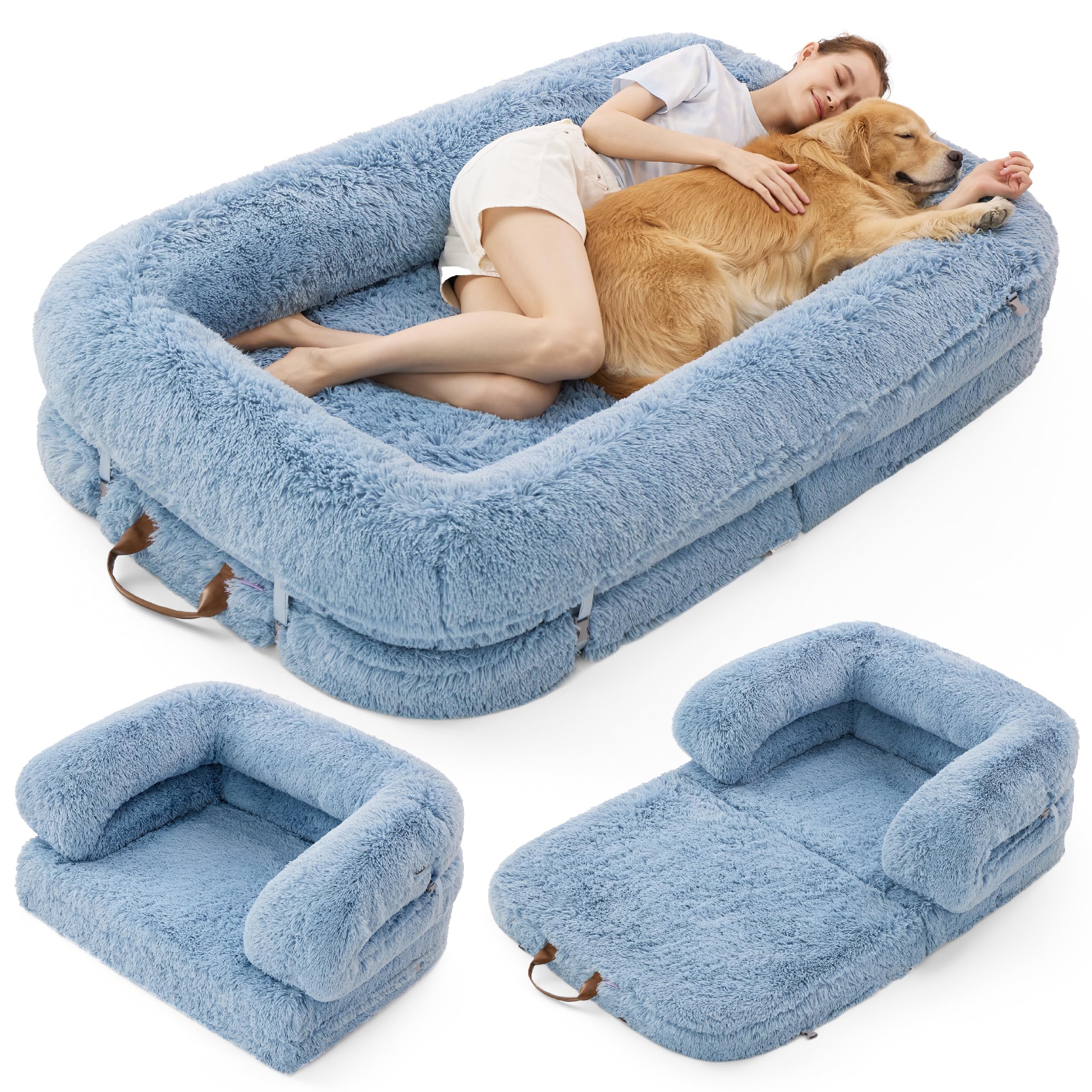 LE SURE Foldable Human Dog Bed - 3 in 1 Flexible Giant Human Dog Bed for Adult People with Supportive Bolster Egg Foam, Waterproof Liner, Calming Fluffy Faux Fur Orthopedic Big Bean Bed, Baby Blue