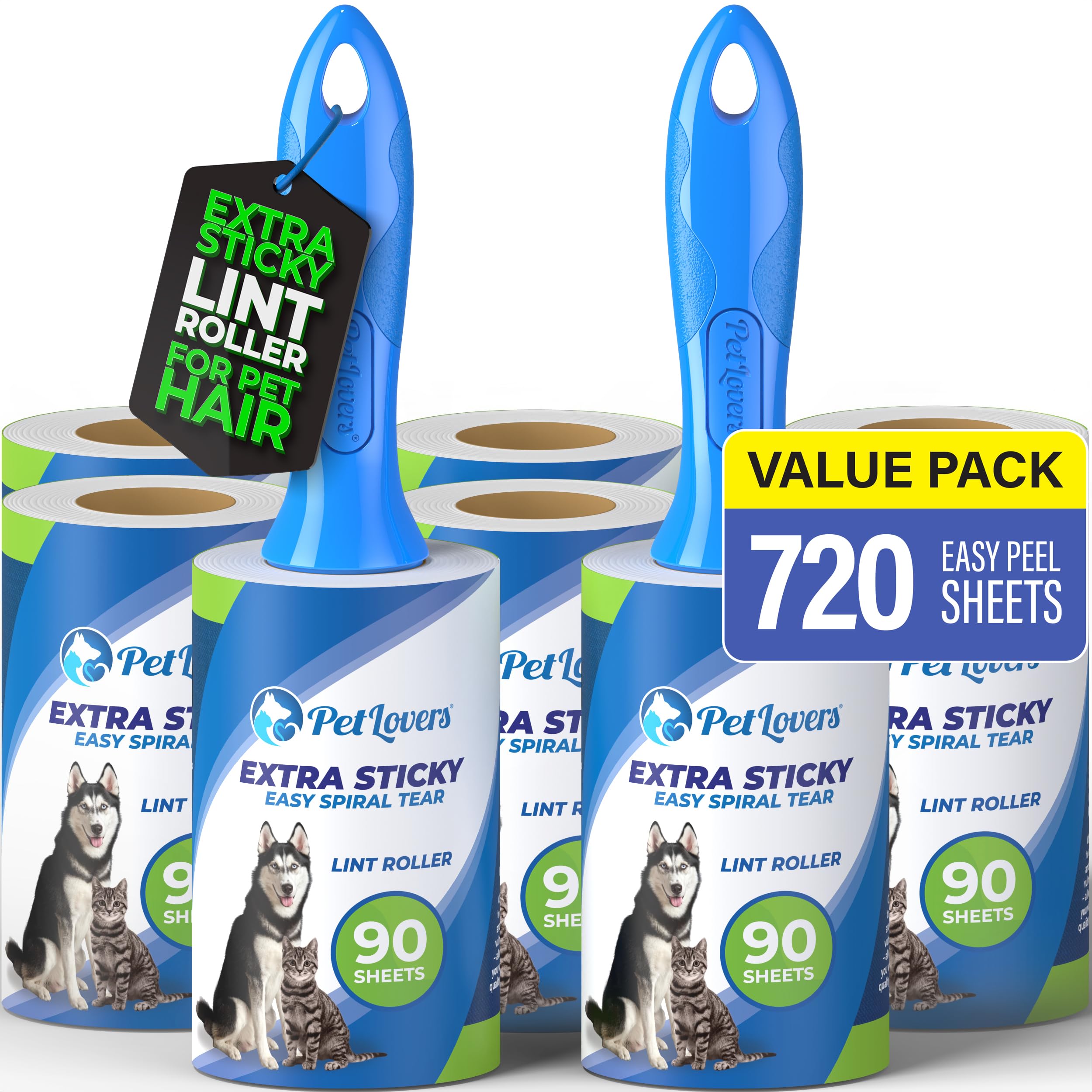 PetLovers Extra Sticky Lint Roller Mega Value Set 720 Sheets for Pet Hair Removal and Clothes, Dog and Cat Lint Remover, 8 Pack