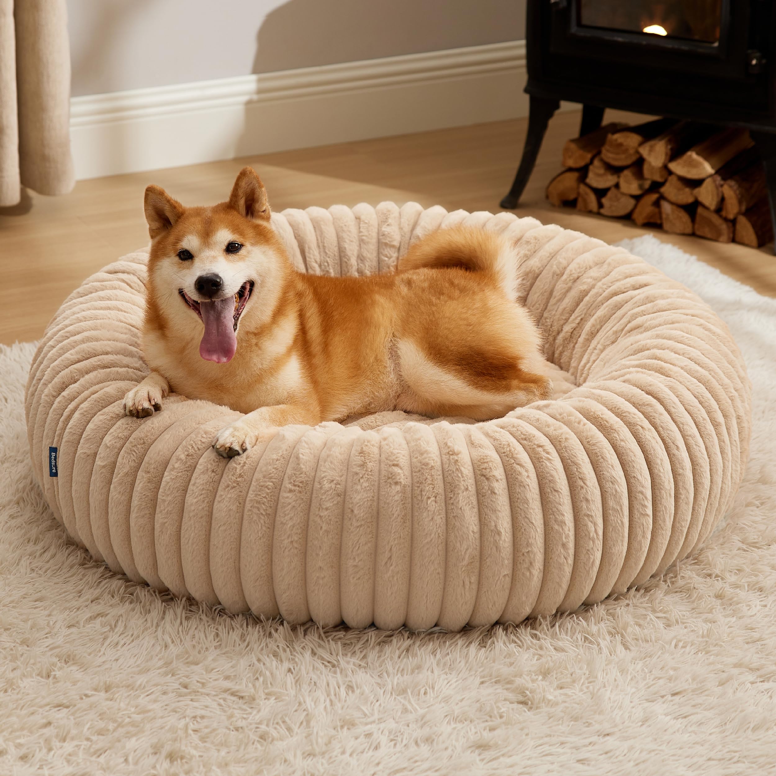 Bedsure ComfyFleece Donut Large Dog Bed - Washable Faux Fur with Corduroy Fleece & Anti Slip Bottom, Round Pet Bed with Removable Cover, Sandy Beige, 36x36x8 inches