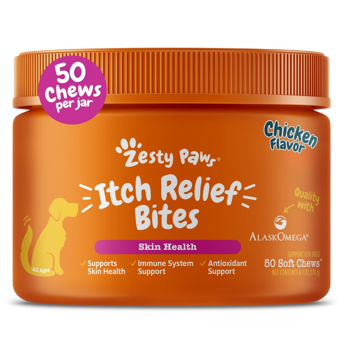 Zesty Paws Itch Relief for Dogs - for Itching Skin & Coat Health - Omega-3 Fish Oil with EPA & DHA - Dog Bites Supplement with Vitamin C & E for Antioxidant Support - Chicken Flavor - 50 Count