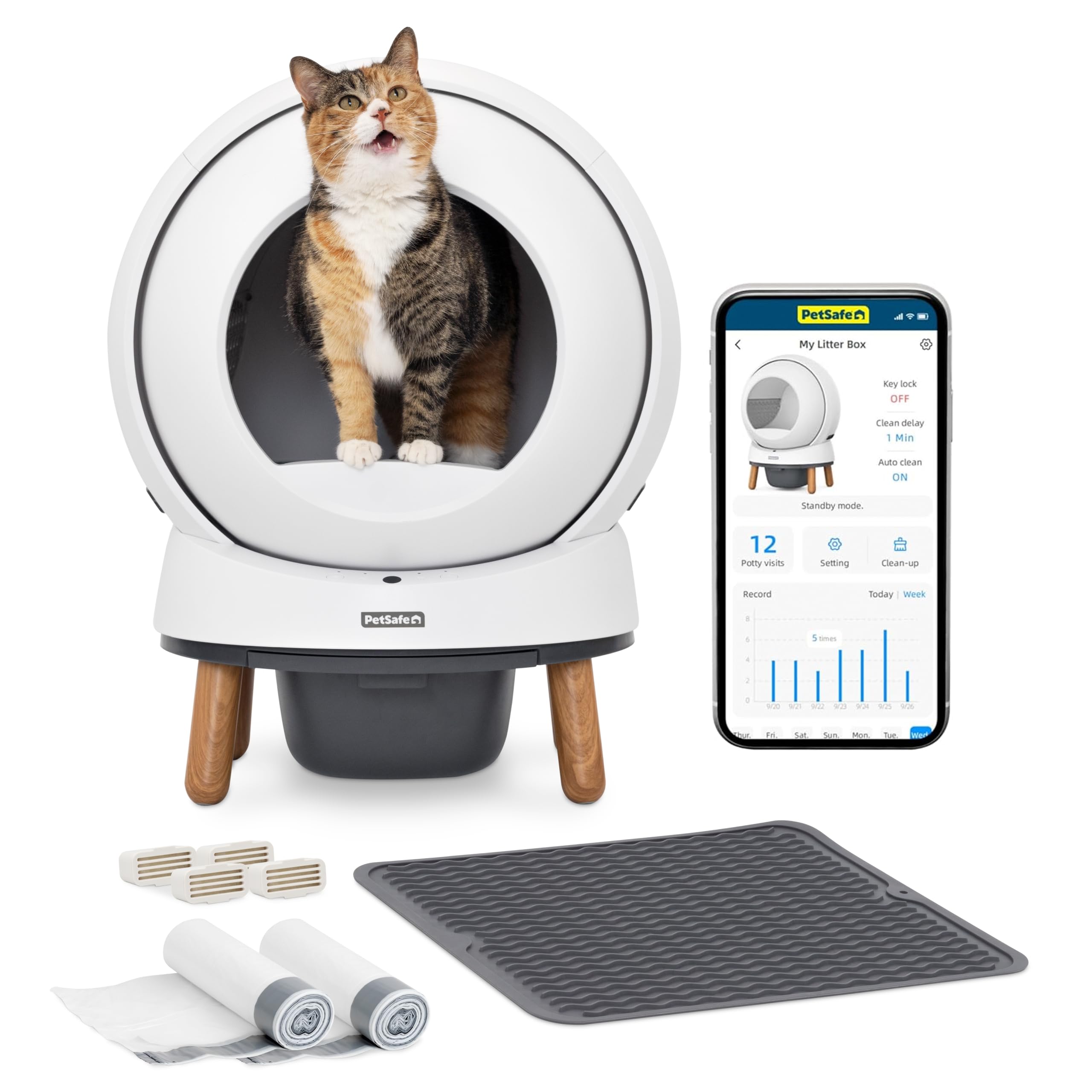 PetSafe ScoopFree SmartSpin Self-Cleaning Litter Box Bundle – Advanced Odor Control – App Controlled – Up to 2 Weeks of Hands-Free Cleaning – Includes Litter Mat, 50 Waste Bin Liners, 4 Deodorizers, White, SmartSpin Bundle