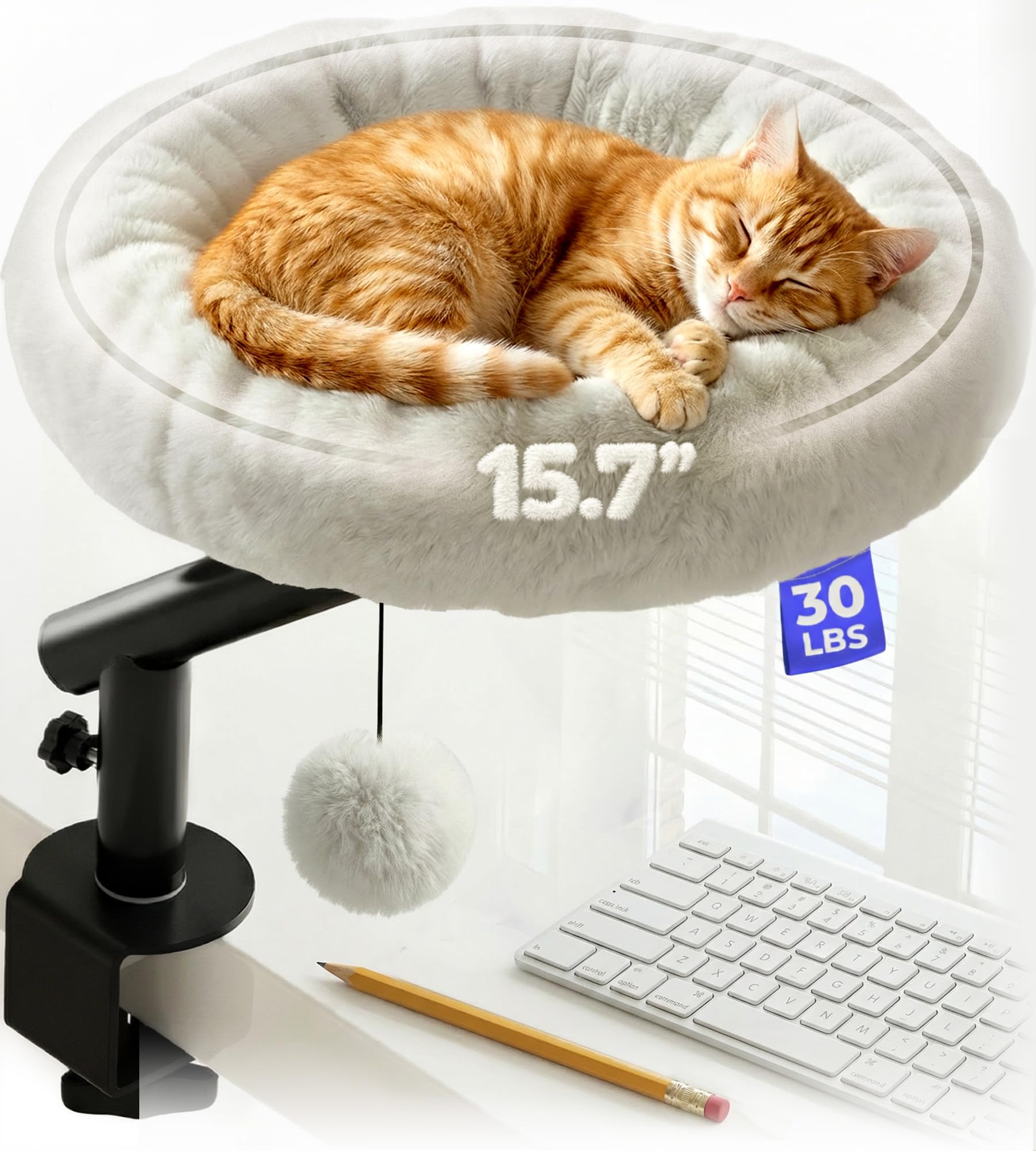 PetLovers Cat Desk Bed - Plush Elevated Desk Bed Attachment with Removable Washable Cushion, 360° Swivel Arm, Secure Clamp - Keeps Your Cat Close While You Work or Play